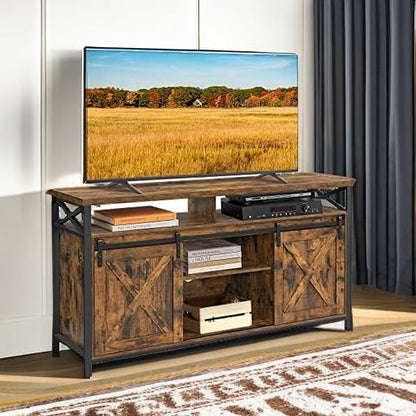 ✨ Industrial TV Stand for 65 Inch TV | Rustic Entertainment Center with Sliding Barn Doors & Storage Cabinets 🖤