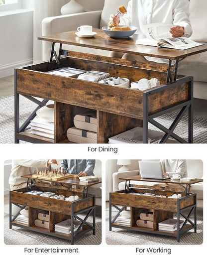 ✨ Industrial Lift Top Coffee Table | Rustic Storage Coffee Table with Hidden Compartment & X-Frame Design 🖤
