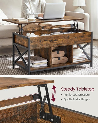 ✨ Industrial Lift Top Coffee Table | Rustic Storage Coffee Table with Hidden Compartment & X-Frame Design 🖤