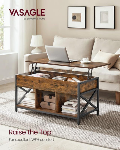 ✨ Industrial Lift Top Coffee Table | Rustic Storage Coffee Table with Hidden Compartment & X-Frame Design 🖤