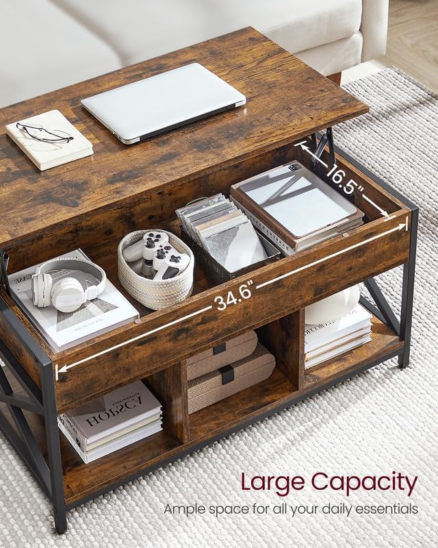 ✨ Industrial Lift Top Coffee Table | Rustic Storage Coffee Table with Hidden Compartment & X-Frame Design 🖤