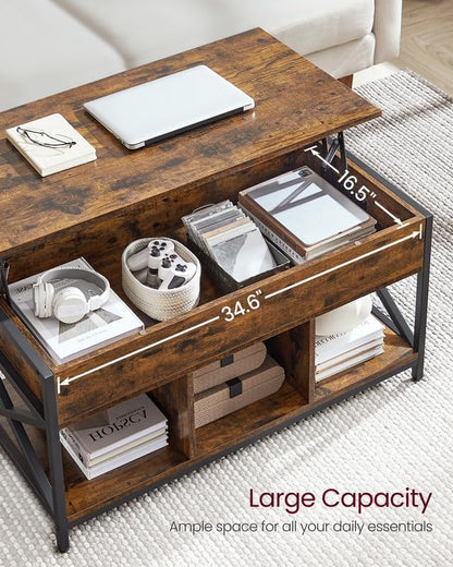 ✨ Industrial Lift Top Coffee Table | Rustic Storage Coffee Table with Hidden Compartment & X-Frame Design 🖤