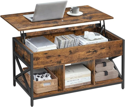 ✨ Industrial Lift Top Coffee Table | Rustic Storage Coffee Table with Hidden Compartment & X-Frame Design 🖤