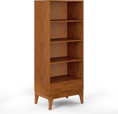 ✨ Mid Century Modern Bookcase | Solid Wood Storage Shelf with Drawer & Adjustable Shelves for Living Room 🪵