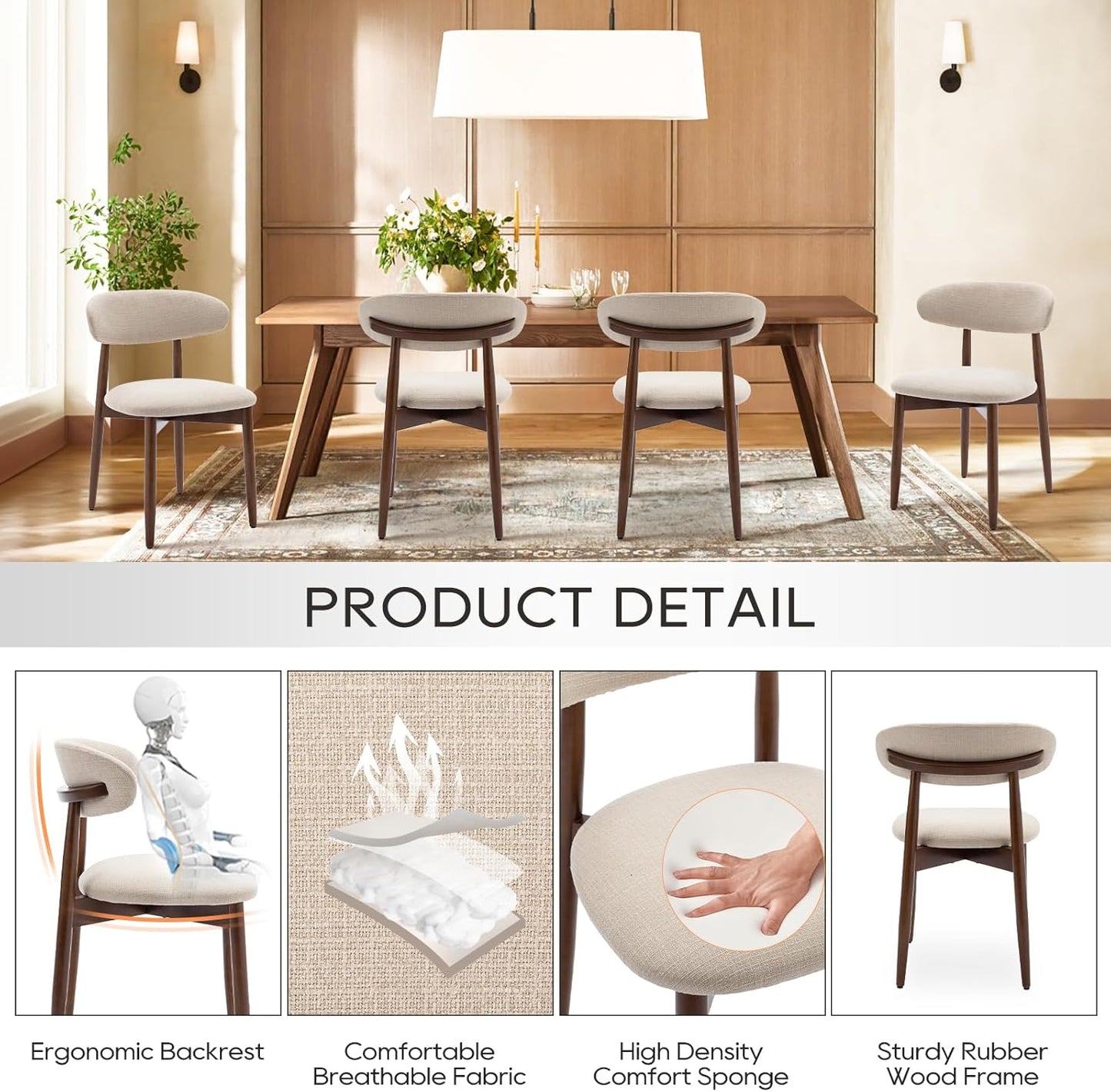 ✨ Modern Farmhouse Dining Chairs Set | Upholstered Fabric Kitchen Chairs with Solid Wood Legs for Elegant Homes 🤍