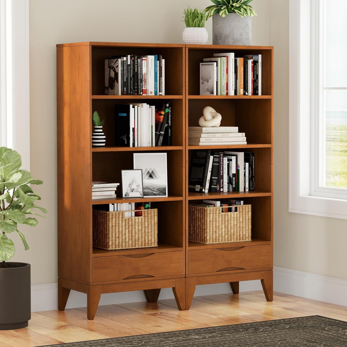 ✨ Mid Century Modern Bookcase | Solid Wood Storage Shelf with Drawer & Adjustable Shelves for Living Room 🪵