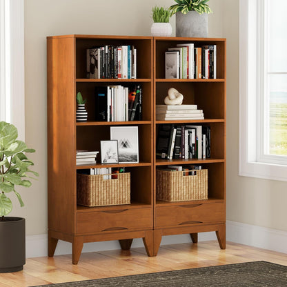 ✨ Mid Century Modern Bookcase | Solid Wood Storage Shelf with Drawer & Adjustable Shelves for Living Room 🪵