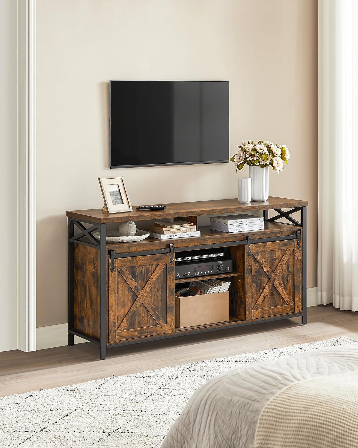 ✨ Industrial TV Stand for 65 Inch TV | Rustic Entertainment Center with Sliding Barn Doors & Storage Cabinets 🖤