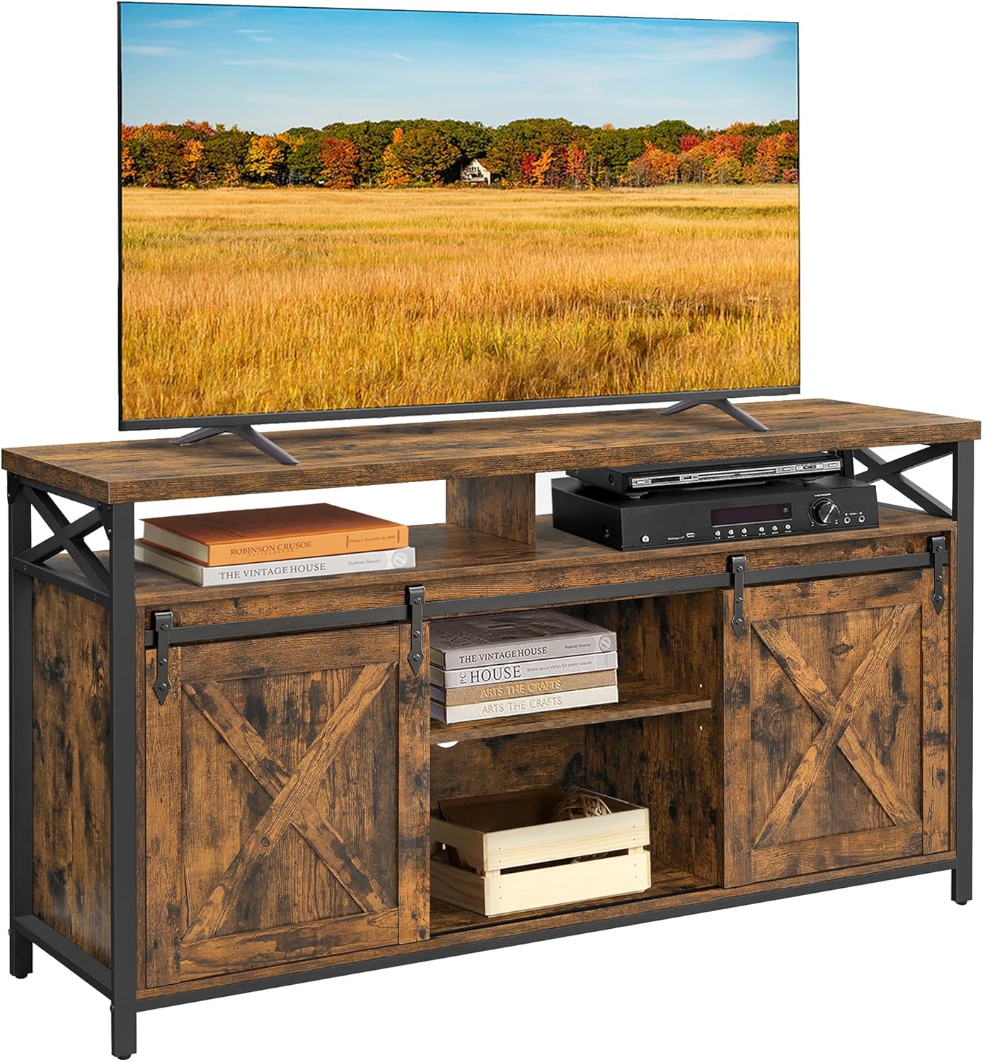 ✨ Industrial TV Stand for 65 Inch TV | Rustic Entertainment Center with Sliding Barn Doors & Storage Cabinets 🖤