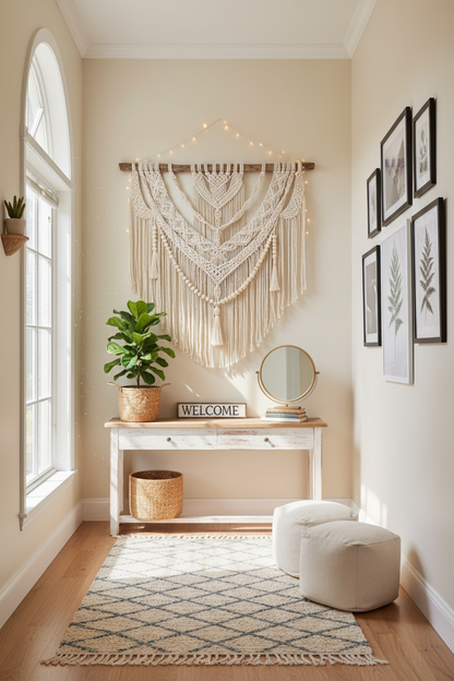 Macramé wall hanging in bright entryway hallway