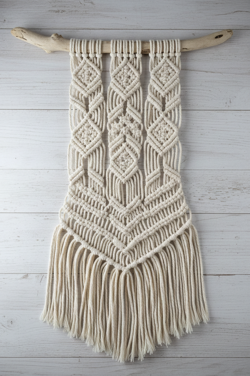 Macramé wall hanging flat lay on wooden surface