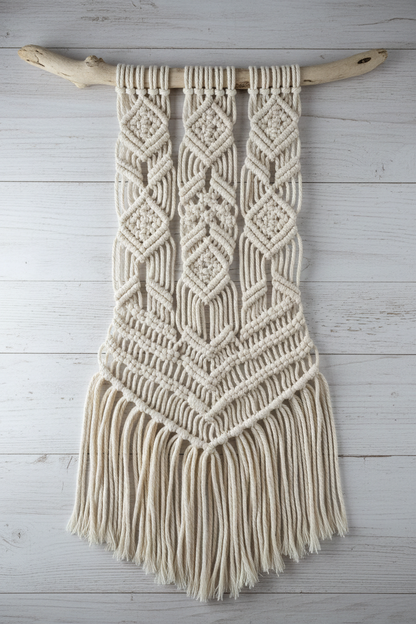 Macramé wall hanging flat lay on wooden surface