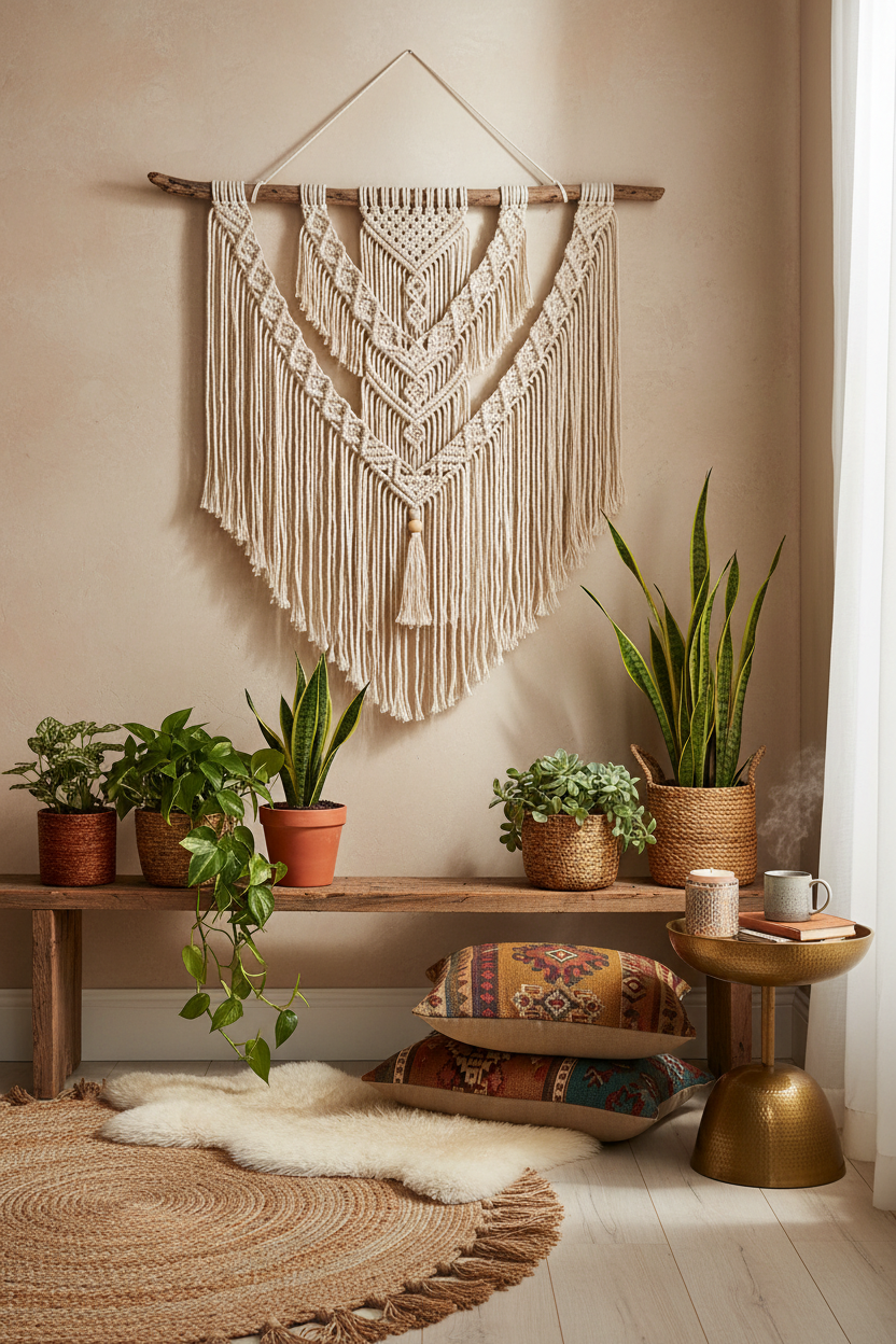 Macramé wall hanging styled with plants and boho accessories
