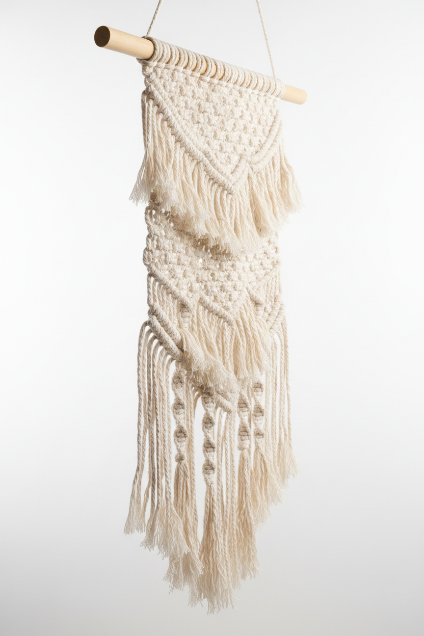Side angle view of macramé wall hanging showing depth