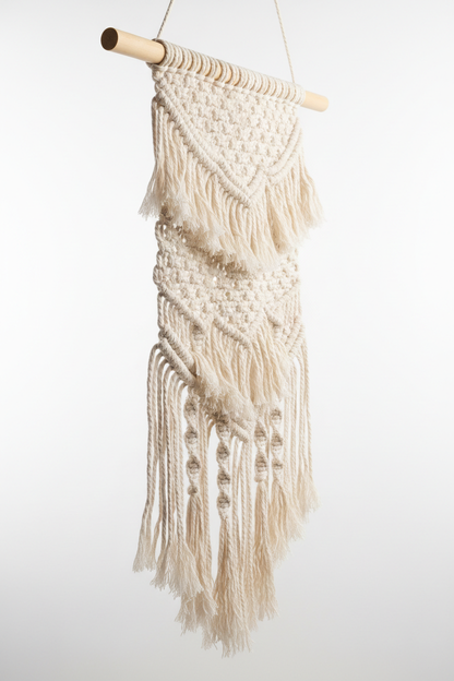 Side angle view of macramé wall hanging showing depth
