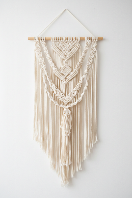 Handwoven macramé wall hanging on white wall, studio photo