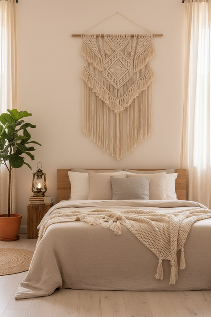 Macramé wall hanging above bed in cozy bedroom