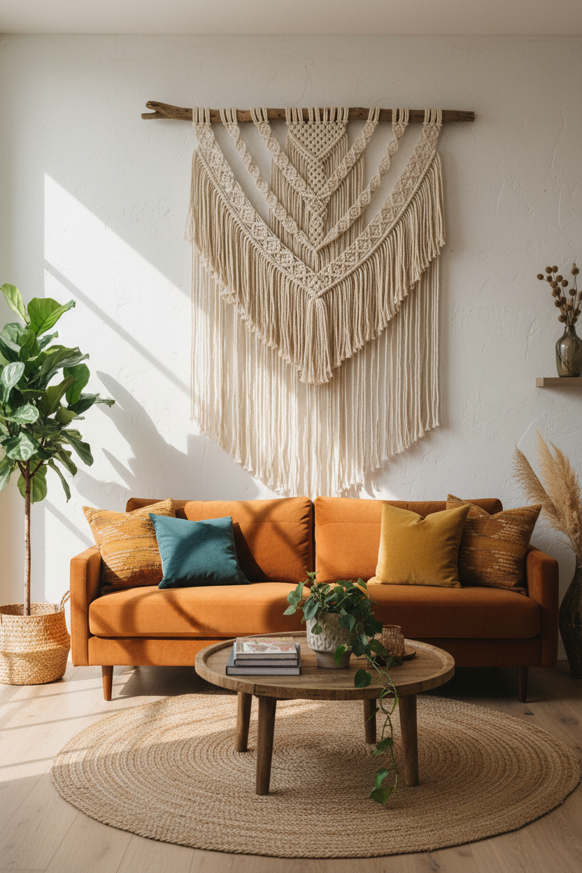 Macramé wall hanging in bohemian living room